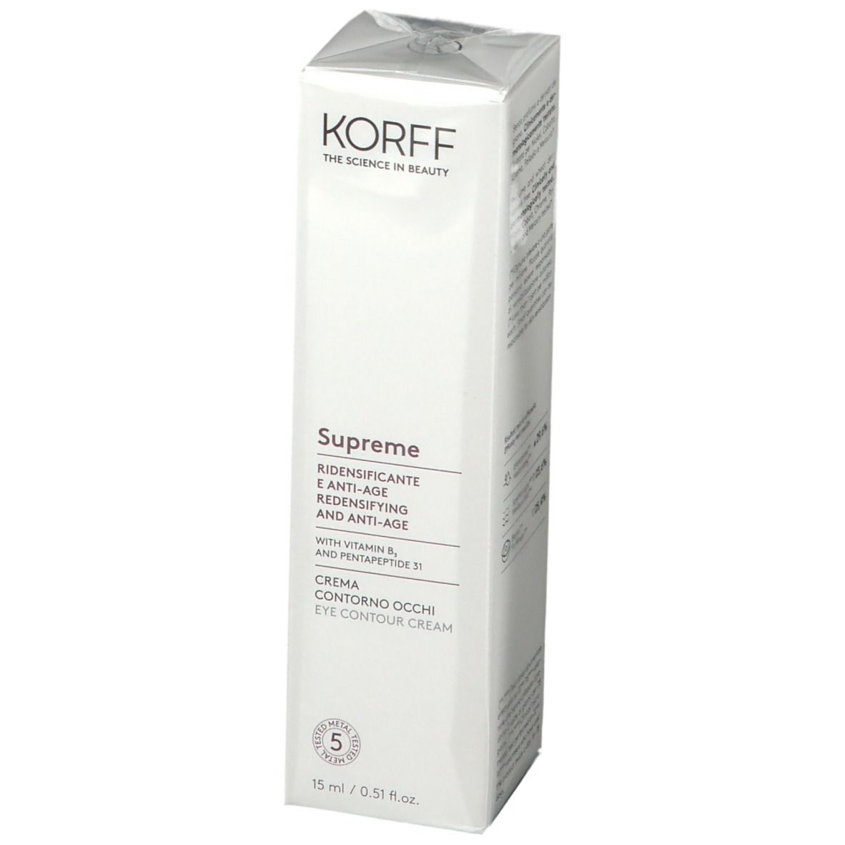 Emballage de la crème pour les yeux KORFF Supreme. Texte. Vue en angle.