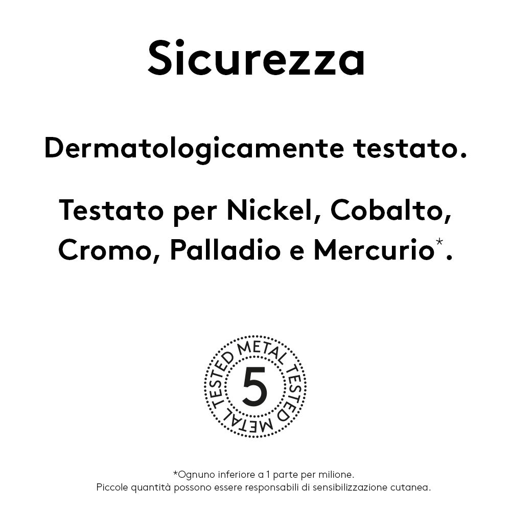 Texte : Sécurité. Testé dermatologiquement. Testé pour le nickel, le cobalt, le chrome, le palladium et le mercure. Sceau.