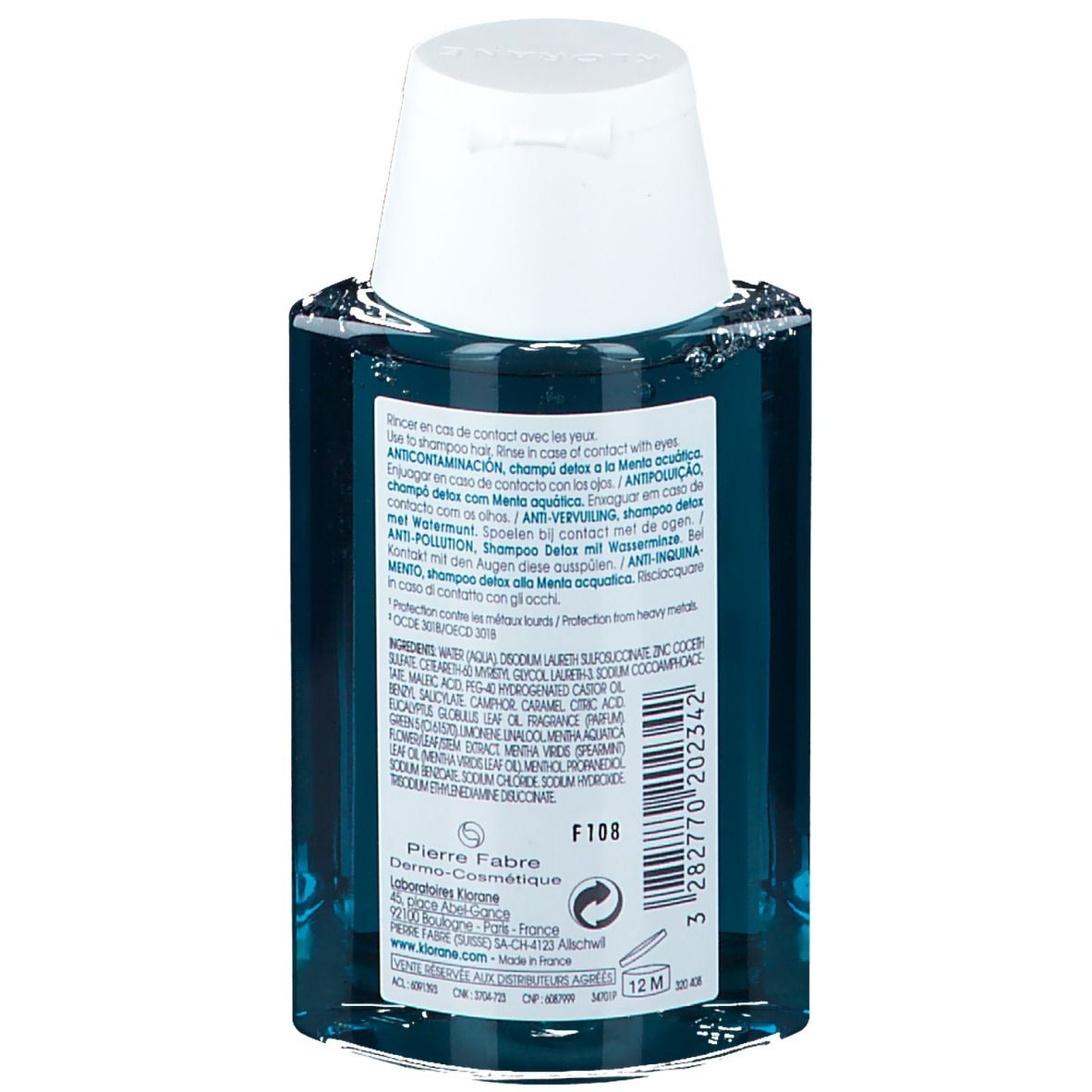 Rückseite der Klorane Anti-Pollution Shampoo Flasche. Blaue Flasche mit weißem Deckel. Etikett mit Text und Inhaltsstoffen.