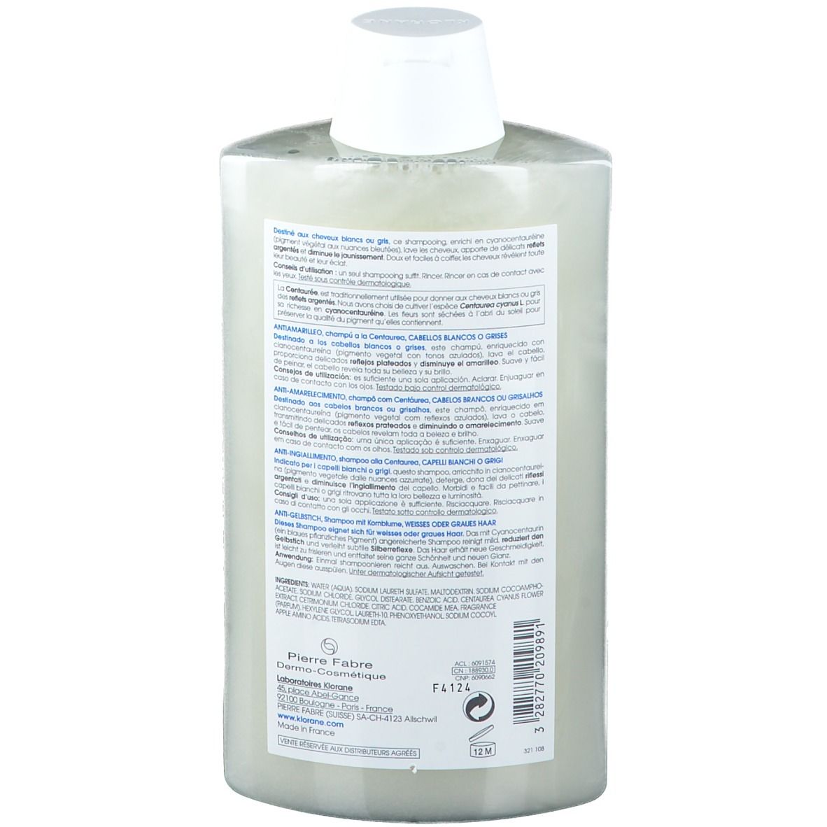 Dos du flacon de shampooing KLORANE Anti-Gelbstich. Texte sur étiquette blanche, ingrédients et informations fabricant.