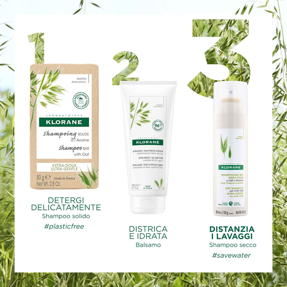 Drei Klorane-Haarpflegeprodukte: festes Shampoo, Balsam und Trockenshampoo. Alle Produkte mit Logo und Namen.