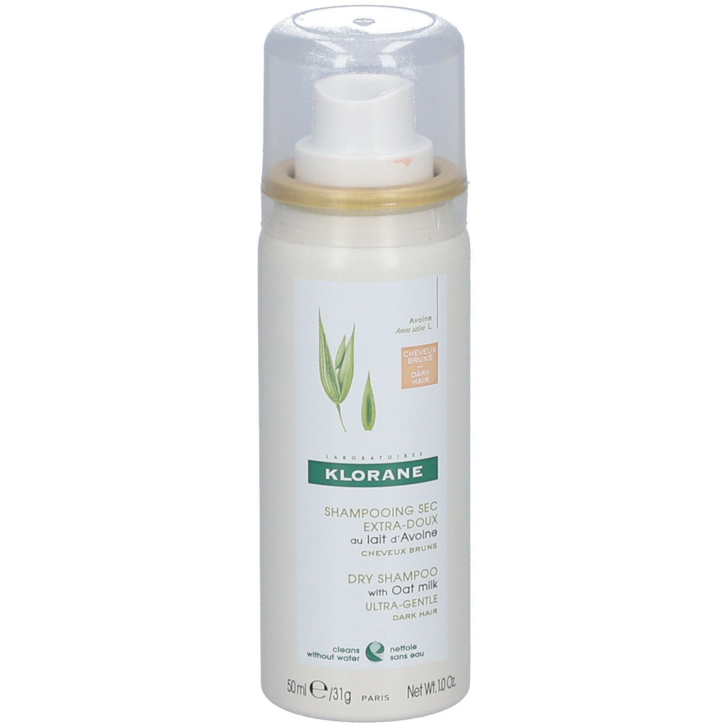Spray blanc avec tête de pulvérisation. Inscription : KLORANE, shampooing sec au lait d'avoine. Avec illustration de plantes.