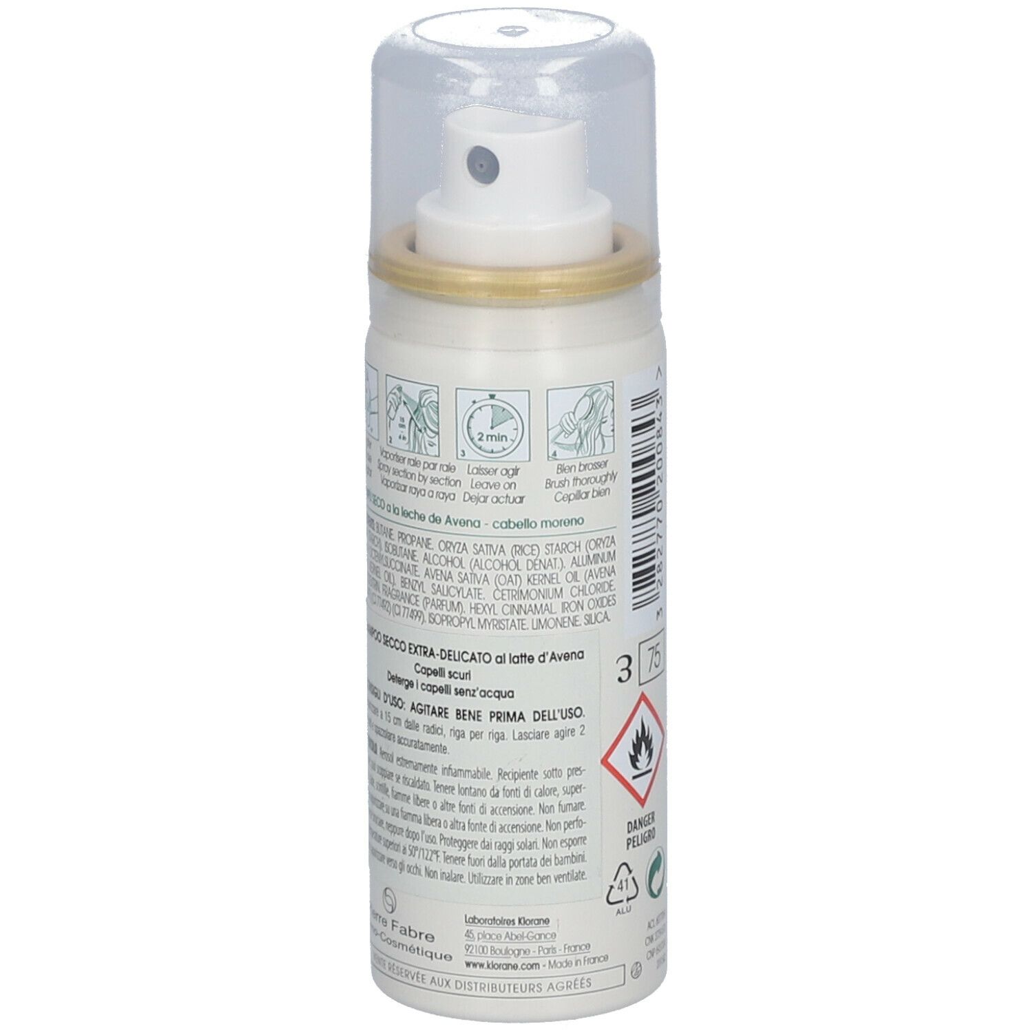 Spray blanc, dos. Texte, pictogrammes, avertissements. Inscription : KLORANE, shampooing sec au lait d'avoine.