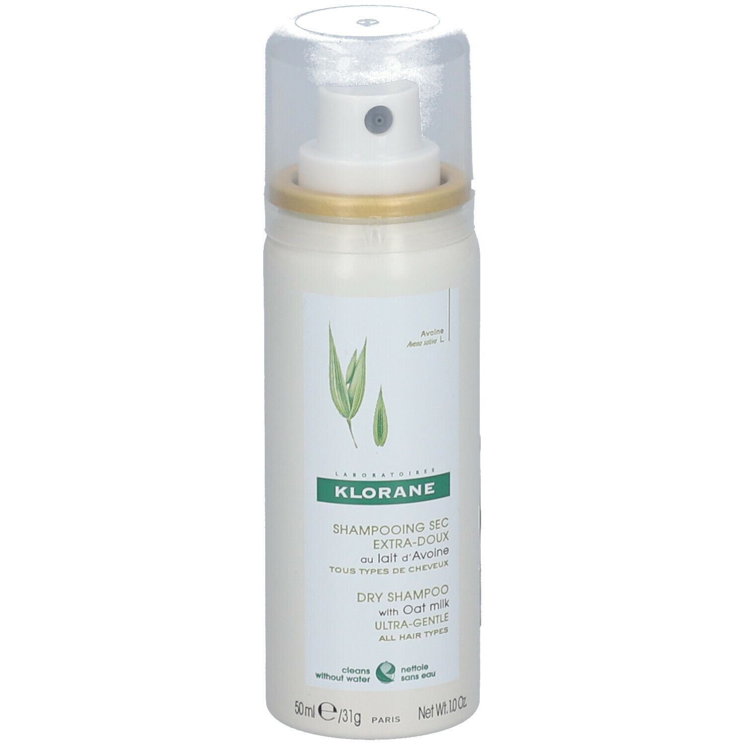 Weißes Spray mit transparentem Deckel. Aufschrift: KLORANE, Trockenshampoo mit Hafermilch. Abbildung von Haferblättern.