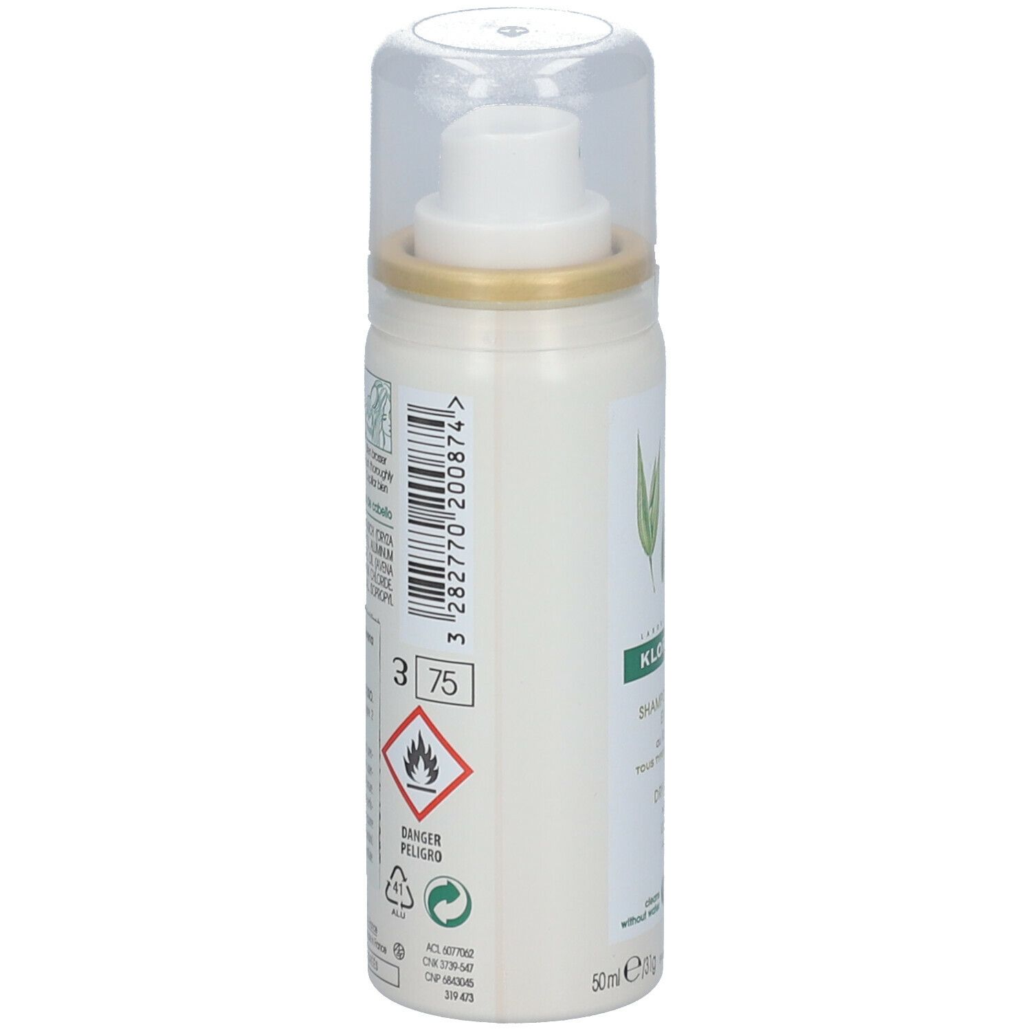 Weißes Spray mit Barcode und Warnsymbolen. Aufschrift: KLORANE. Rückseite mit Produktinformationen und Gefahrensymbolen.