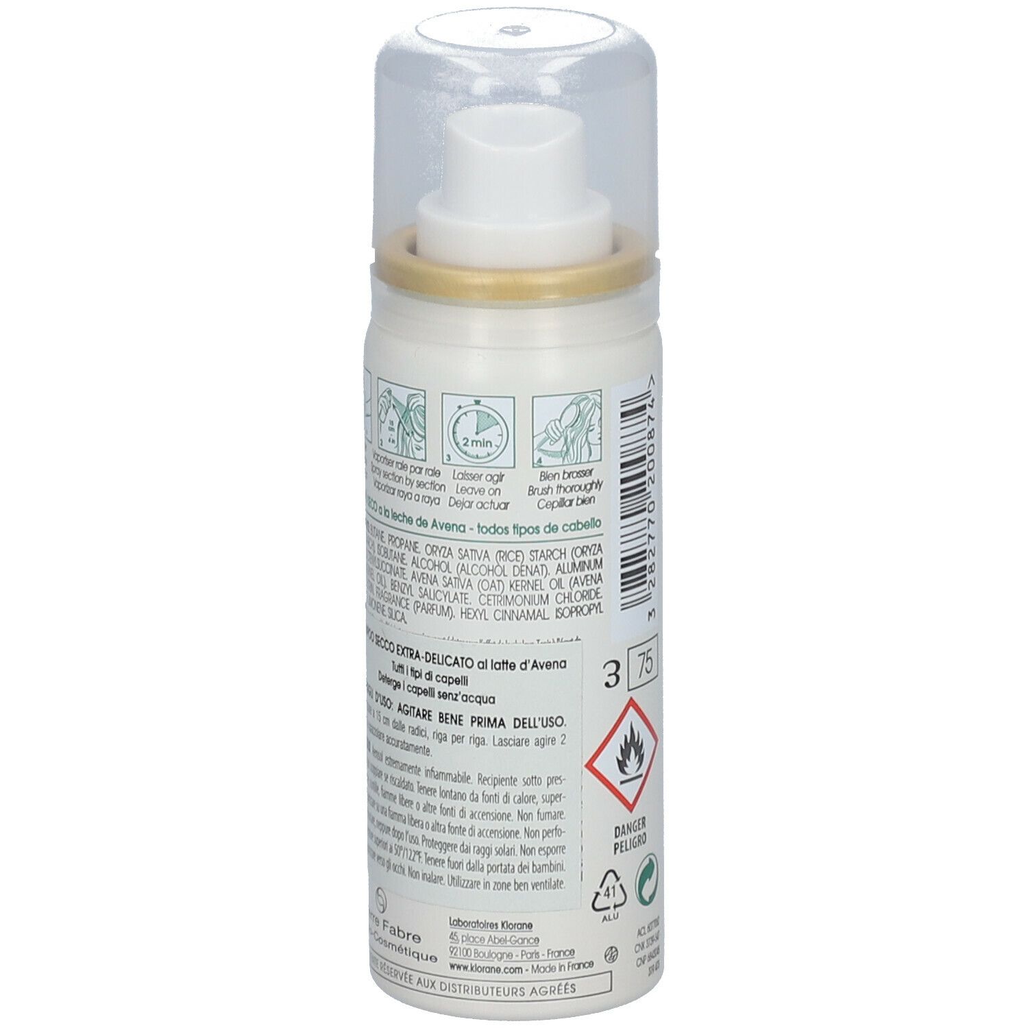 Weißes Spray mit Produktinformationen. Aufschrift: KLORANE. Rückseite mit Anwendungsanleitung und Inhaltsstoffen.