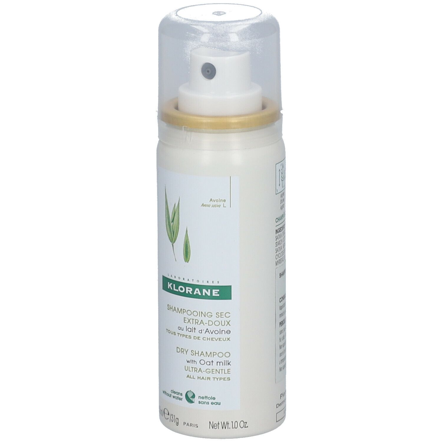 Weißes Spray mit transparentem Deckel. Aufschrift: KLORANE, Trockenshampoo mit Hafermilch. Abbildung von Haferblättern.