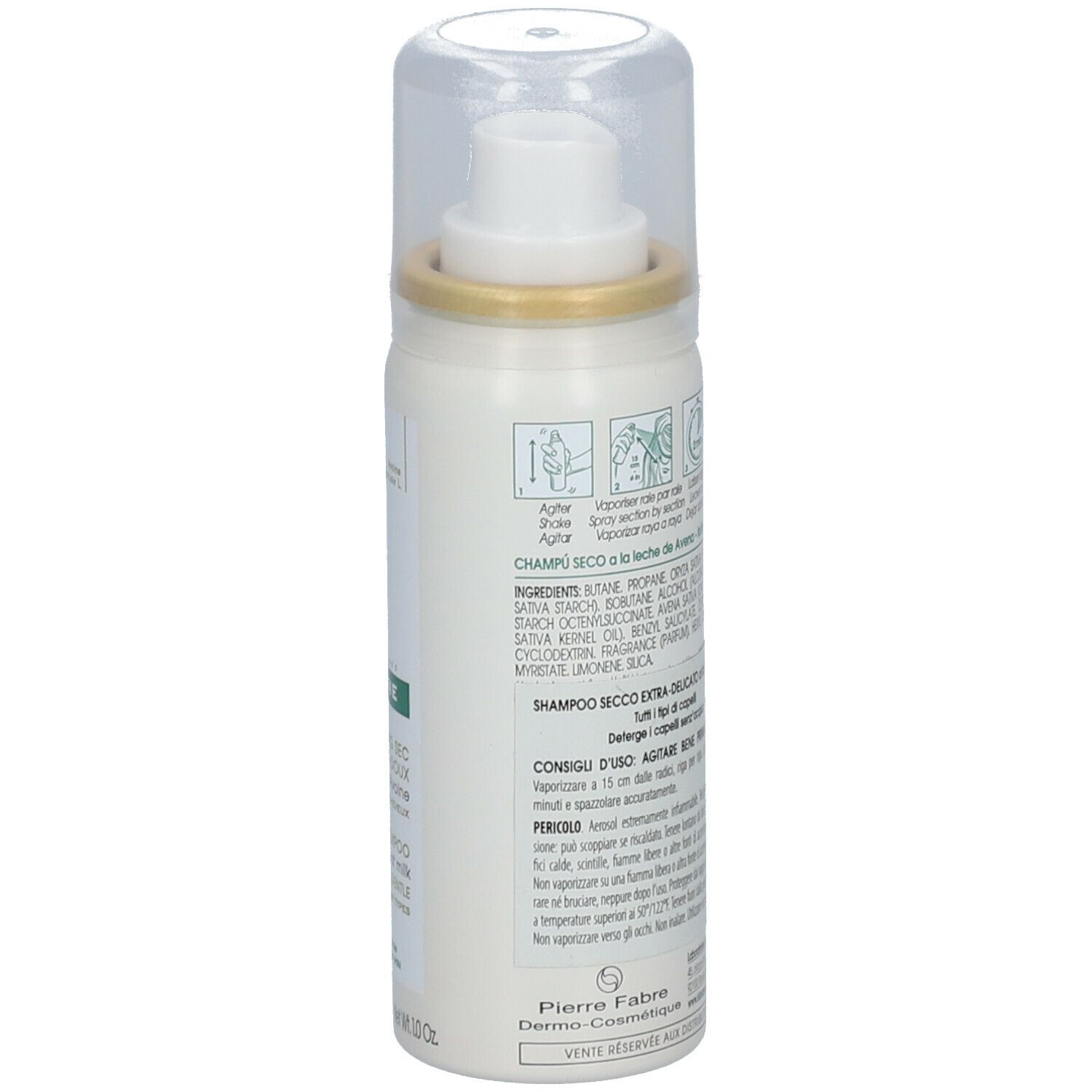 Weißes Spray mit Produktinformationen. Aufschrift: KLORANE, Shampoo secco. Rückseite mit Anwendungsanleitung und Inhaltsstoffen.