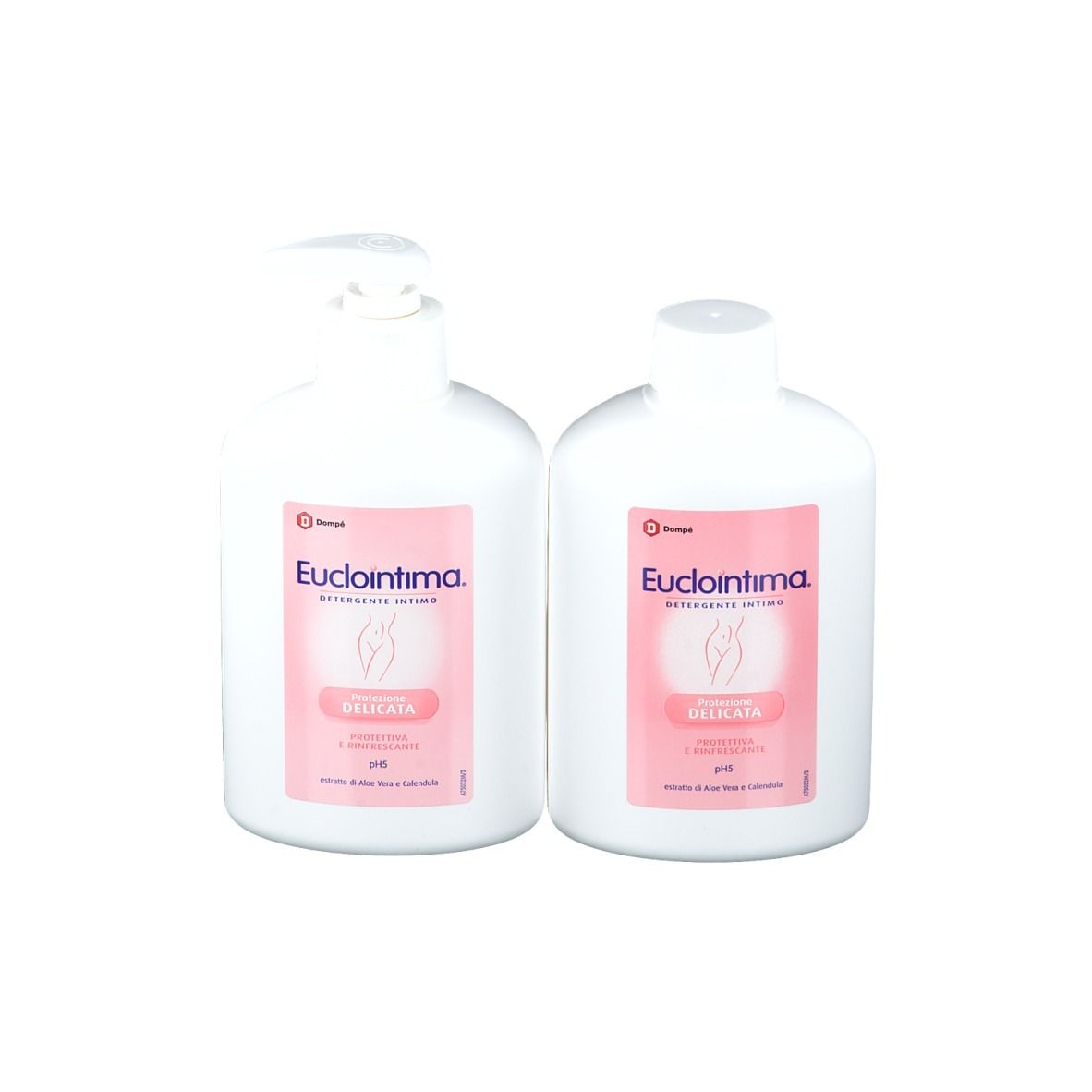 Zwei weiße Flaschen mit rosa Etiketten. Aufschrift: Euclointima, Intimreinigung. Eine Flasche mit Spender.