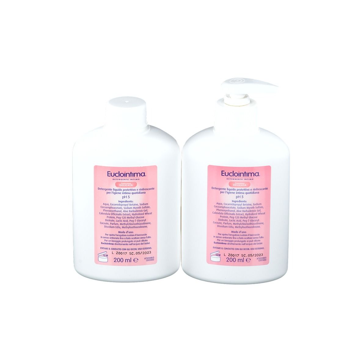 Zwei weiße Flaschen mit rosa Etiketten. Aufschrift: Euclointima, Intimreinigung, 200 ml. Eine Flasche mit Spender.