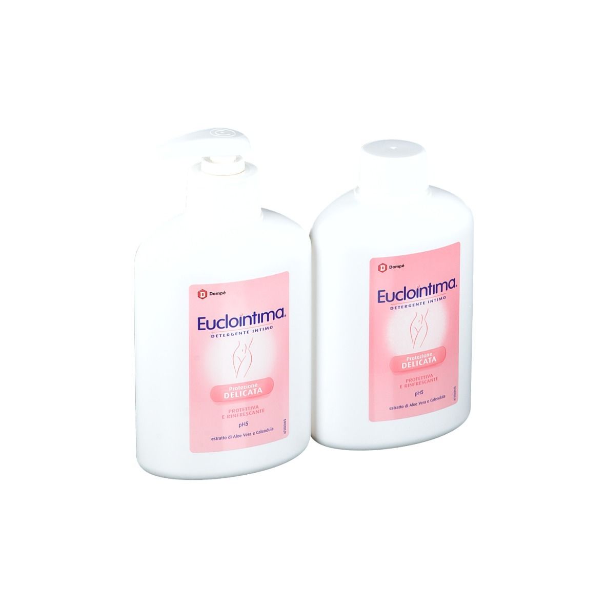 Zwei weiße Flaschen mit rosa Etiketten. Aufschrift: Euclointima, Intimreinigung. Eine Flasche mit Spender.