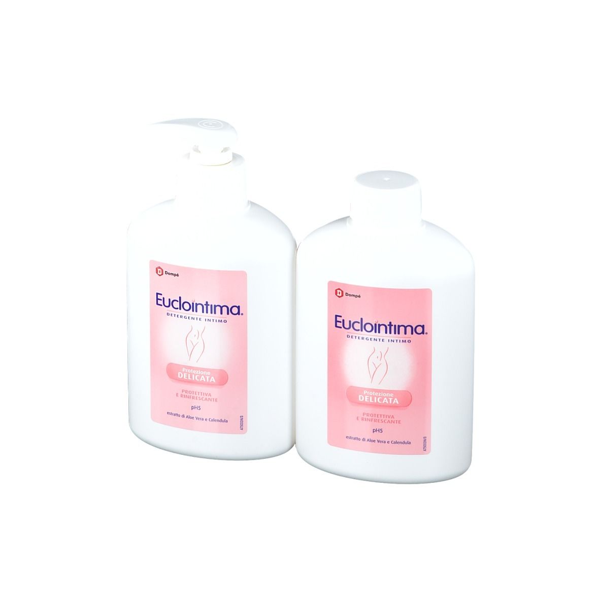 Zwei weiße Flaschen mit rosa Etiketten. Aufschrift: Euclointima, Intimreinigung. Eine Flasche mit Spender.