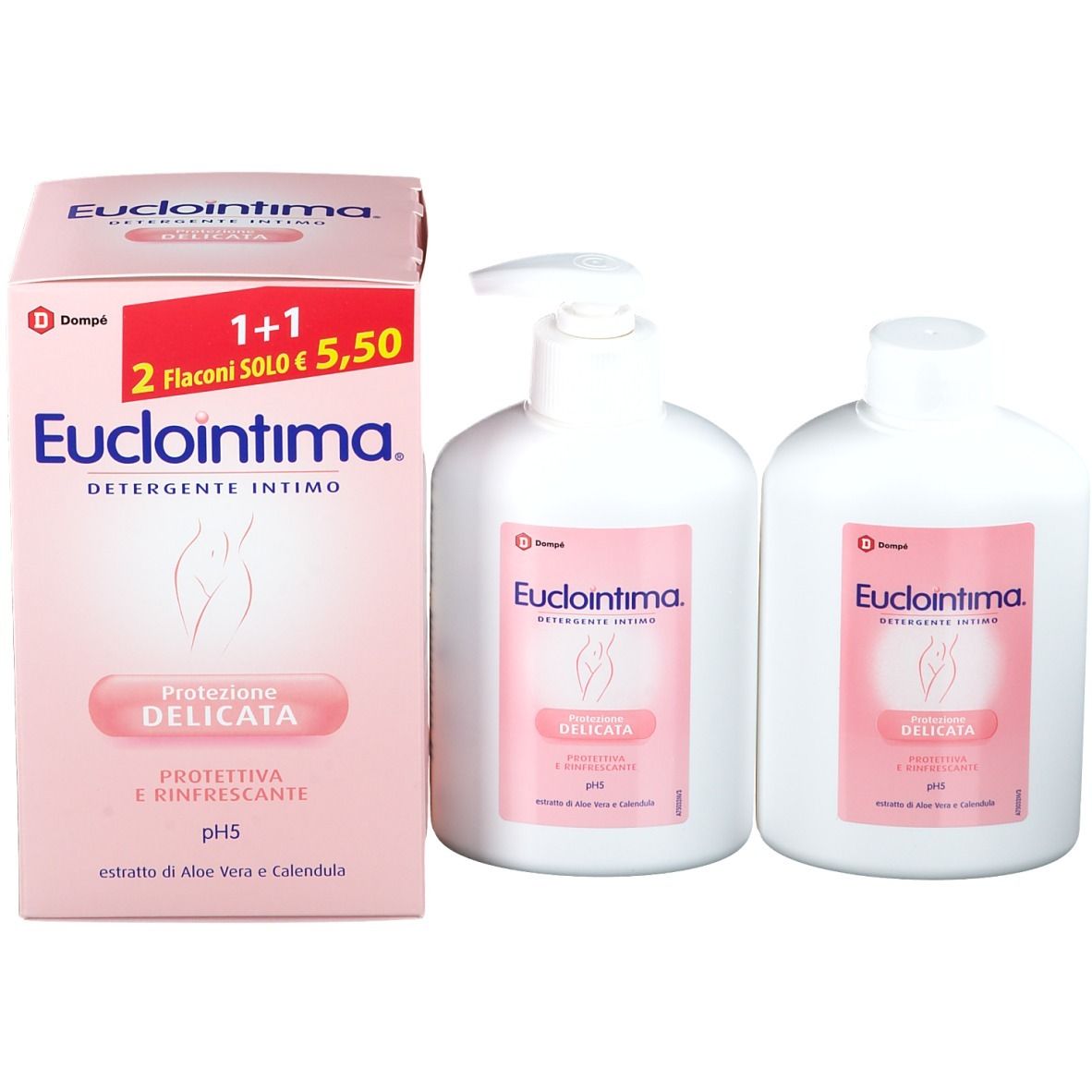 Verpackung und zwei Flaschen. Aufschrift: Euclointima, Intimreinigung. Rosa Etiketten. Eine Flasche mit Spender.