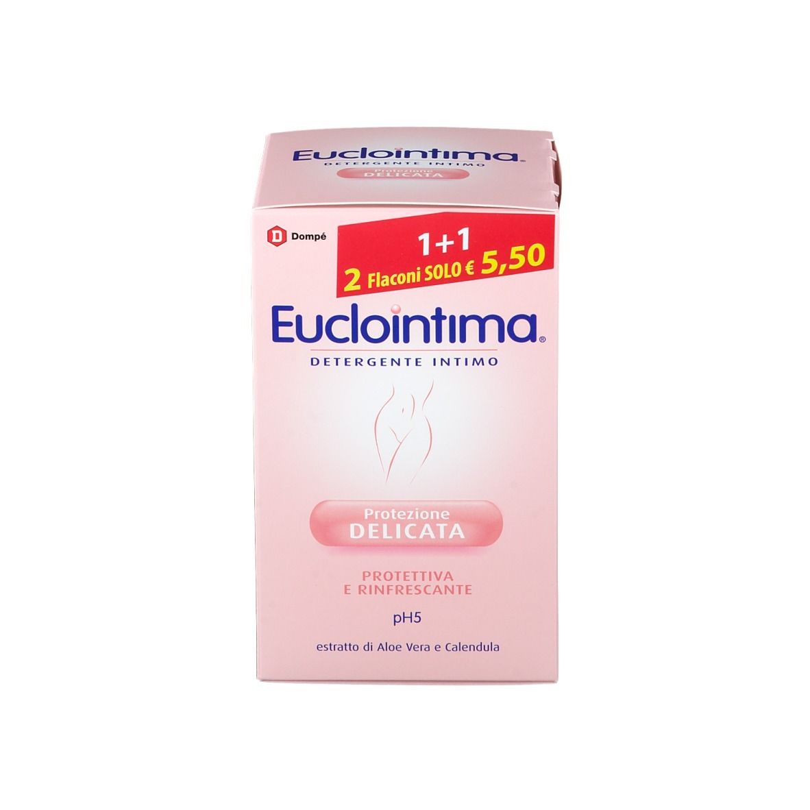 Rosa Verpackung. Aufschrift: Euclointima, Intimreinigung. 1+1 gratis. pH5.