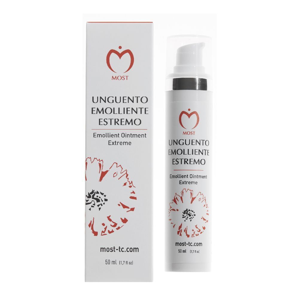 MOST Unguento Emolliente Estremo, 50 ml. Tube et boîte blanches, logo rouge et nom du produit. Illustration florale.