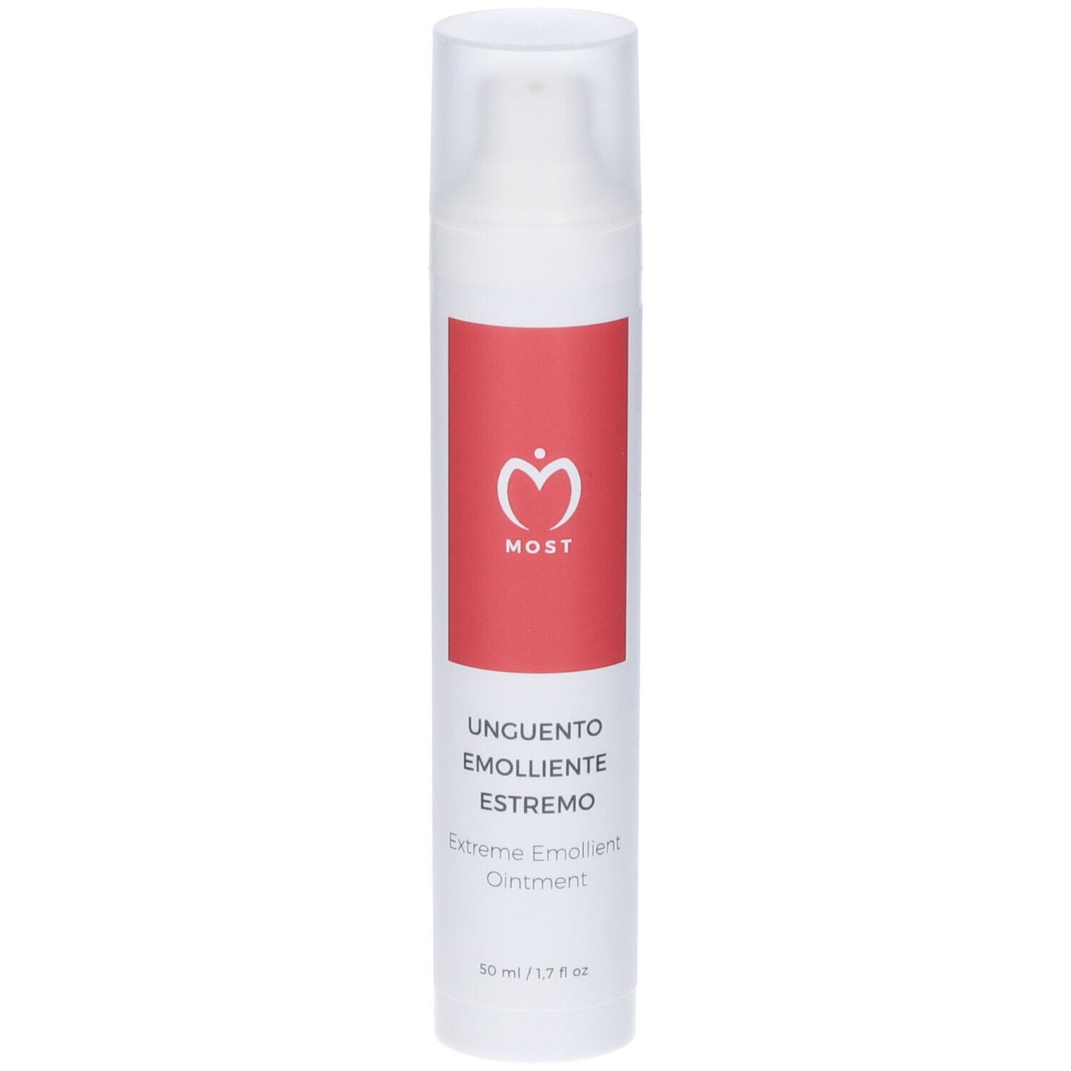MOST Unguento Emolliente Estremo, 50 ml. Tube blanche avec bande rouge et nom du produit. Avec pompe.