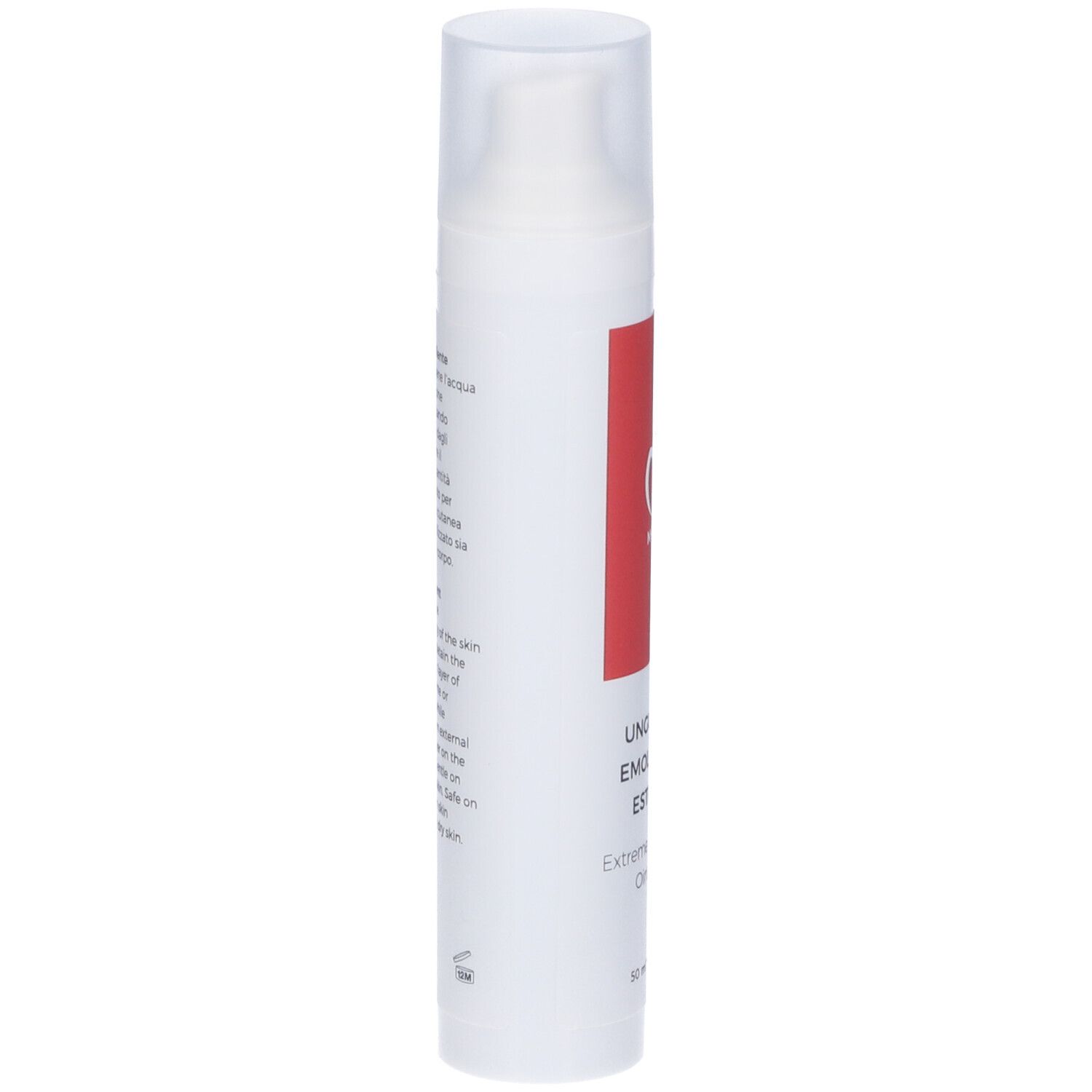 MOST Unguento Emolliente Estremo, 50 ml. Tube blanche avec bande rouge et nom du produit. Vue latérale.
