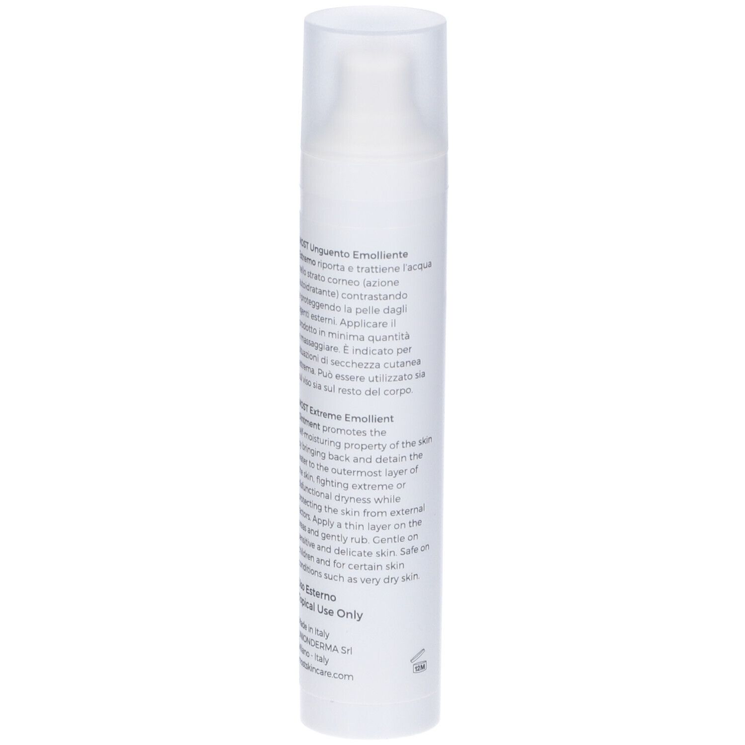 MOST Unguento Emolliente Estremo, 50 ml. Tube blanche avec bande rouge et nom du produit. Dos avec texte.
