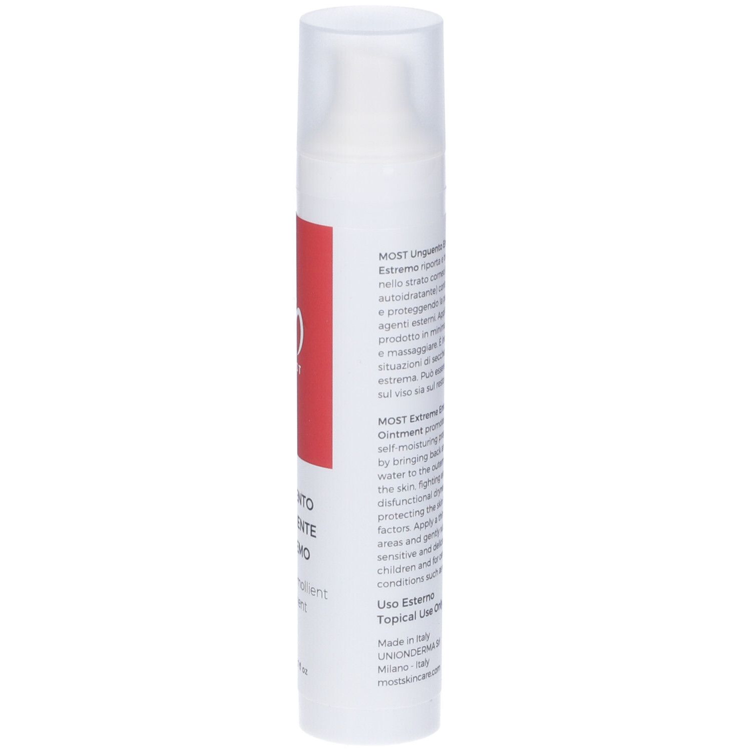 MOST Unguento Emolliente Estremo, 50 ml. Tube blanche avec bande rouge et nom du produit. Dos avec texte.