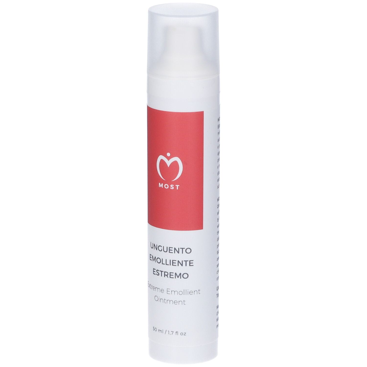 MOST Unguento Emolliente Estremo, 50 ml. Tube blanche avec bande rouge et nom du produit. Avec pompe.