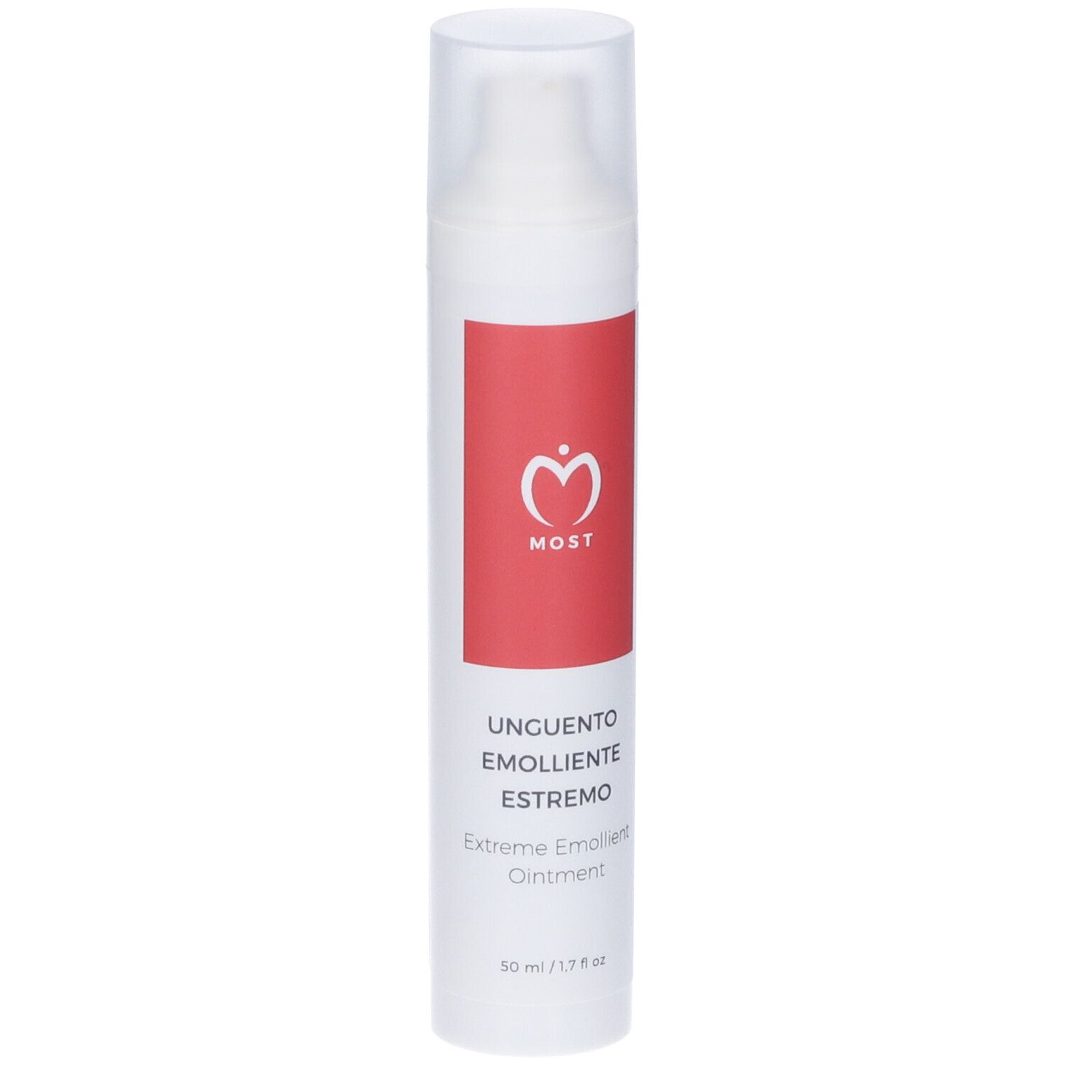 MOST Unguento Emolliente Estremo, 50 ml. Tube blanche avec bande rouge et nom du produit. Avec pompe.
