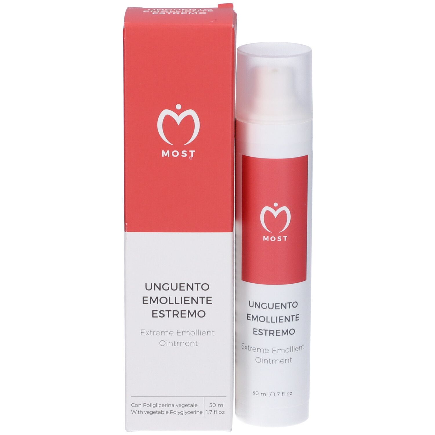 MOST Unguento Emolliente Estremo, 50 ml. Tube et boîte. Logo rouge et nom du produit. Avec pompe.
