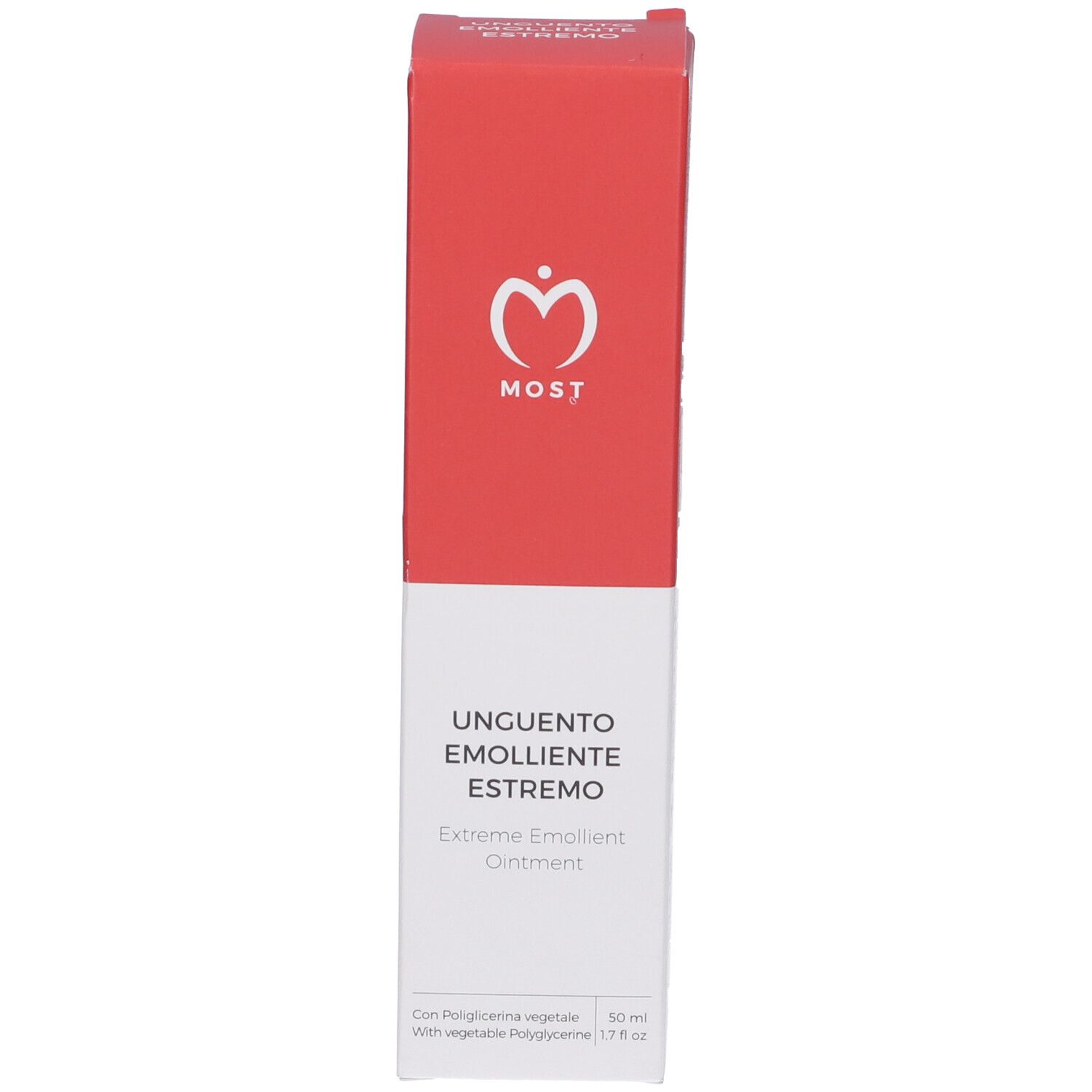MOST Unguento Emolliente Estremo, 50 ml. Boîte. Logo rouge et nom du produit. Avec texte.