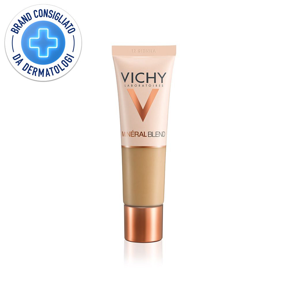 Vichy Mineralblend Fond de teint hydratant n°12 Sienna. Tube beige avec fond de teint. Inscription : Vichy, Mineralblend.