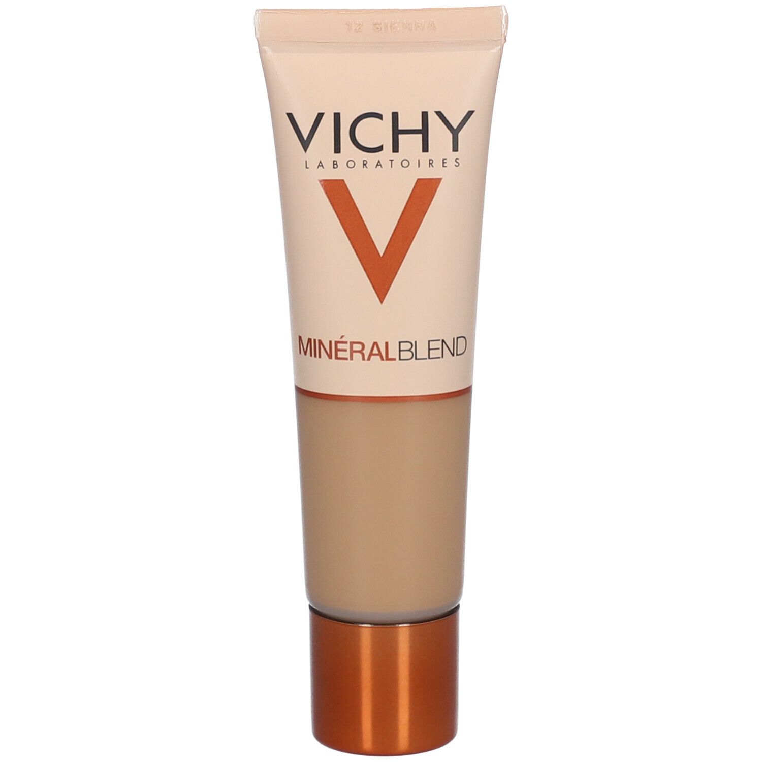 Vichy Mineralblend Fond de teint hydratant n°12 Sienna. Tube avec fond de teint beige. Inscription : Vichy, Mineralblend.