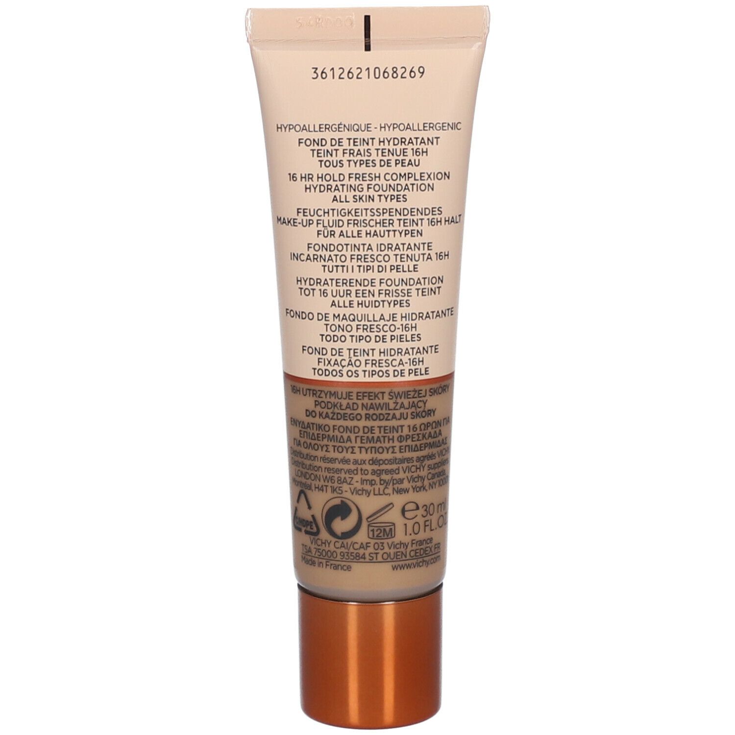 Dos du tube Vichy Mineralblend. Inscriptions : informations produit, ingrédients, numéro de lot.