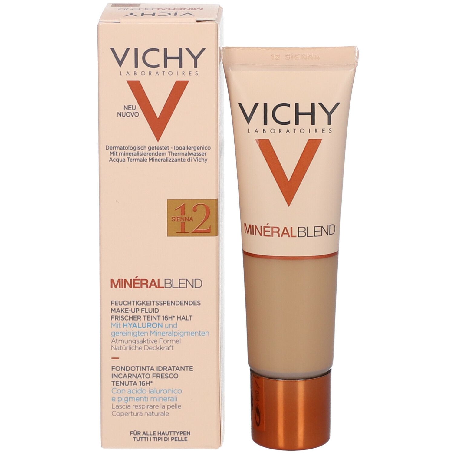 Vichy Mineralblend Fond de teint hydratant n°12 Sienna avec emballage. Inscription : Vichy, Mineralblend, Nouveau.