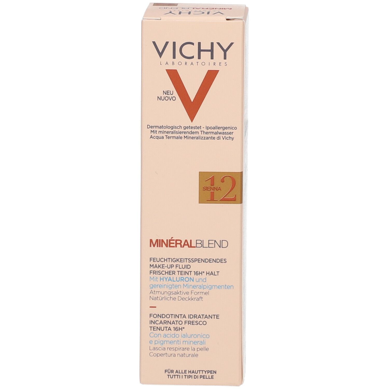 Vichy Mineralblend Fond de teint hydratant n°12 Sienna avec emballage. Inscription : Vichy, Mineralblend, Nouveau.