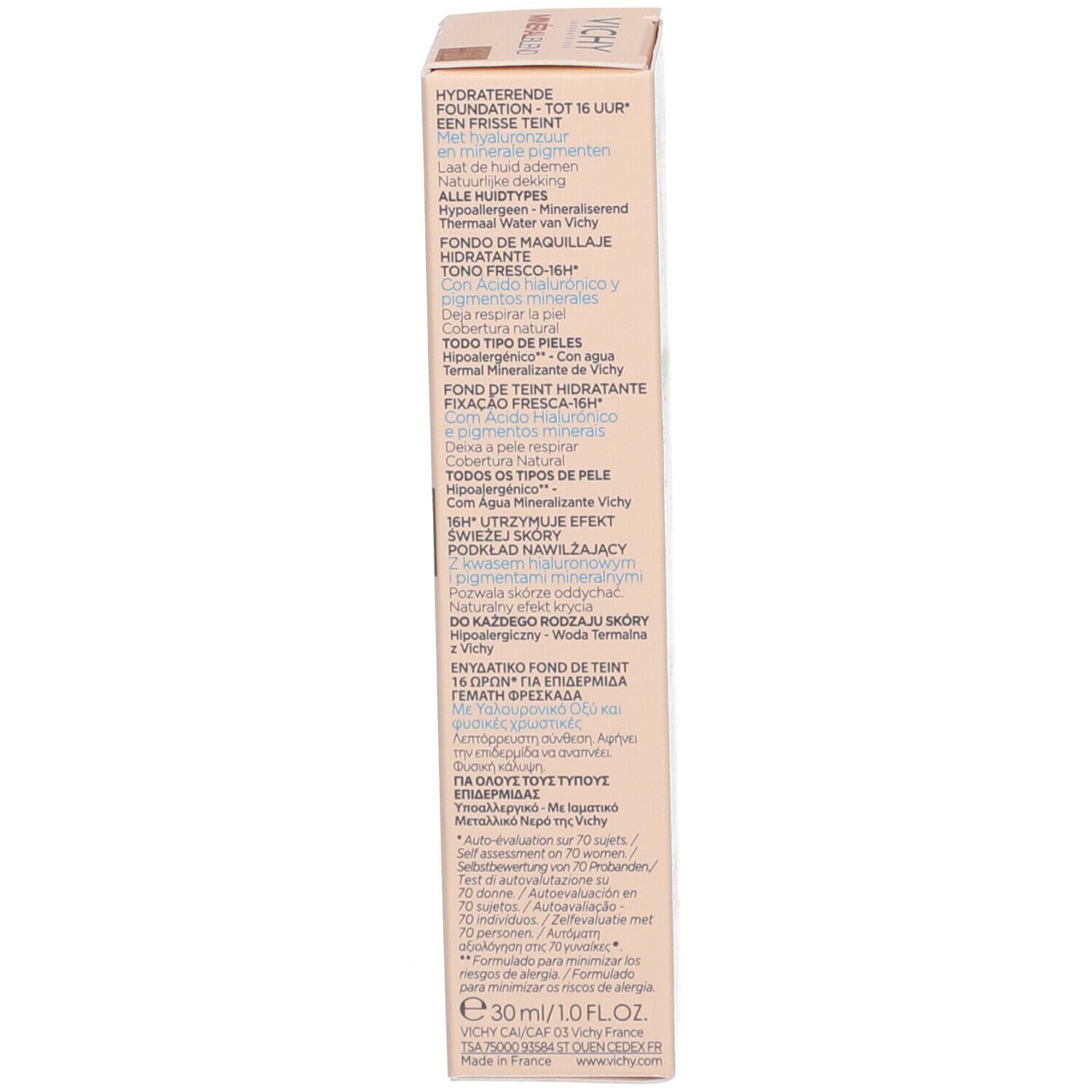 Côté de l'emballage Vichy Mineralblend. Inscriptions : informations produit, ingrédients, numéro de lot.