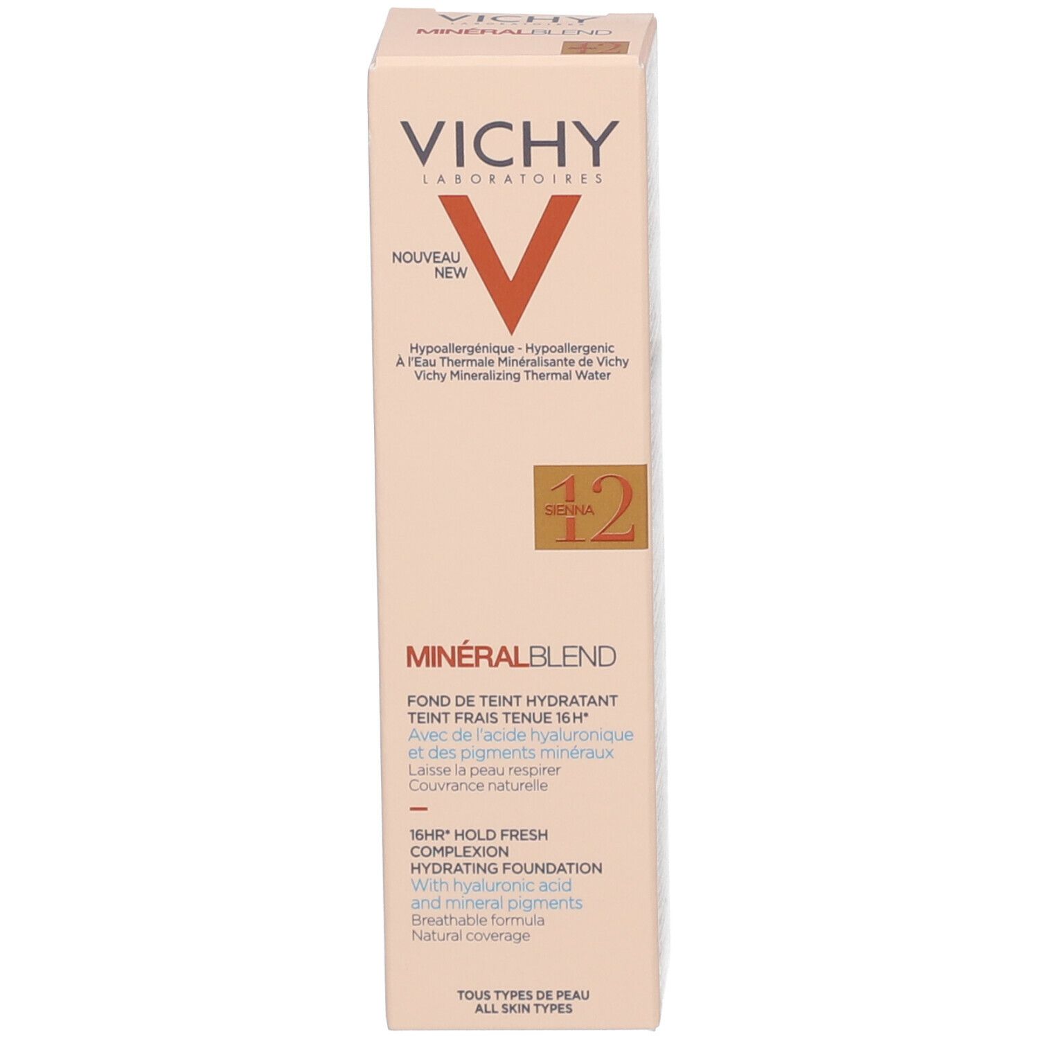 Vichy Mineralblend Fond de teint hydratant n°12 Sienna avec emballage. Inscription : Vichy, Mineralblend, Nouveau.