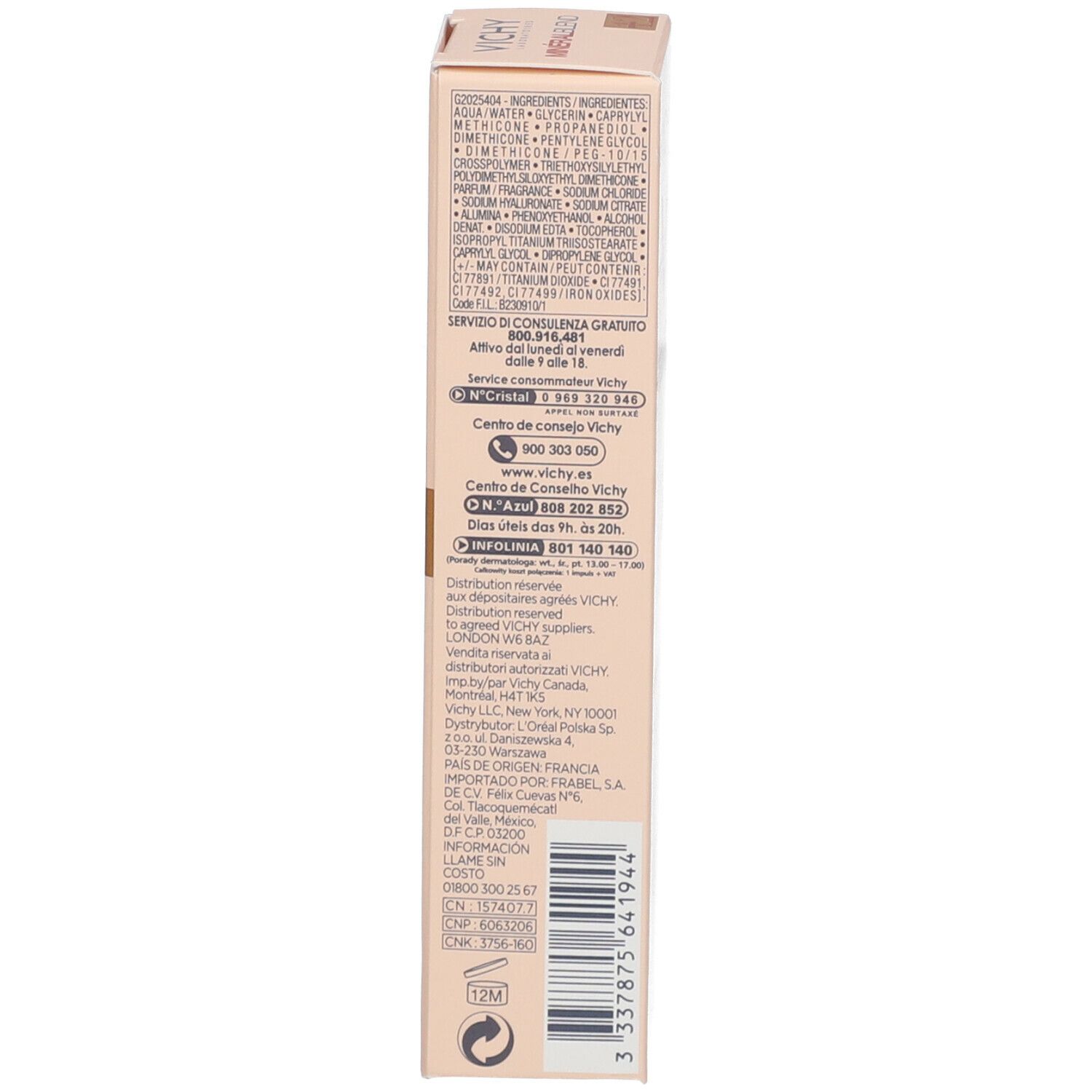 Côté de l'emballage Vichy Mineralblend. Inscriptions : informations produit, ingrédients, numéro de lot.