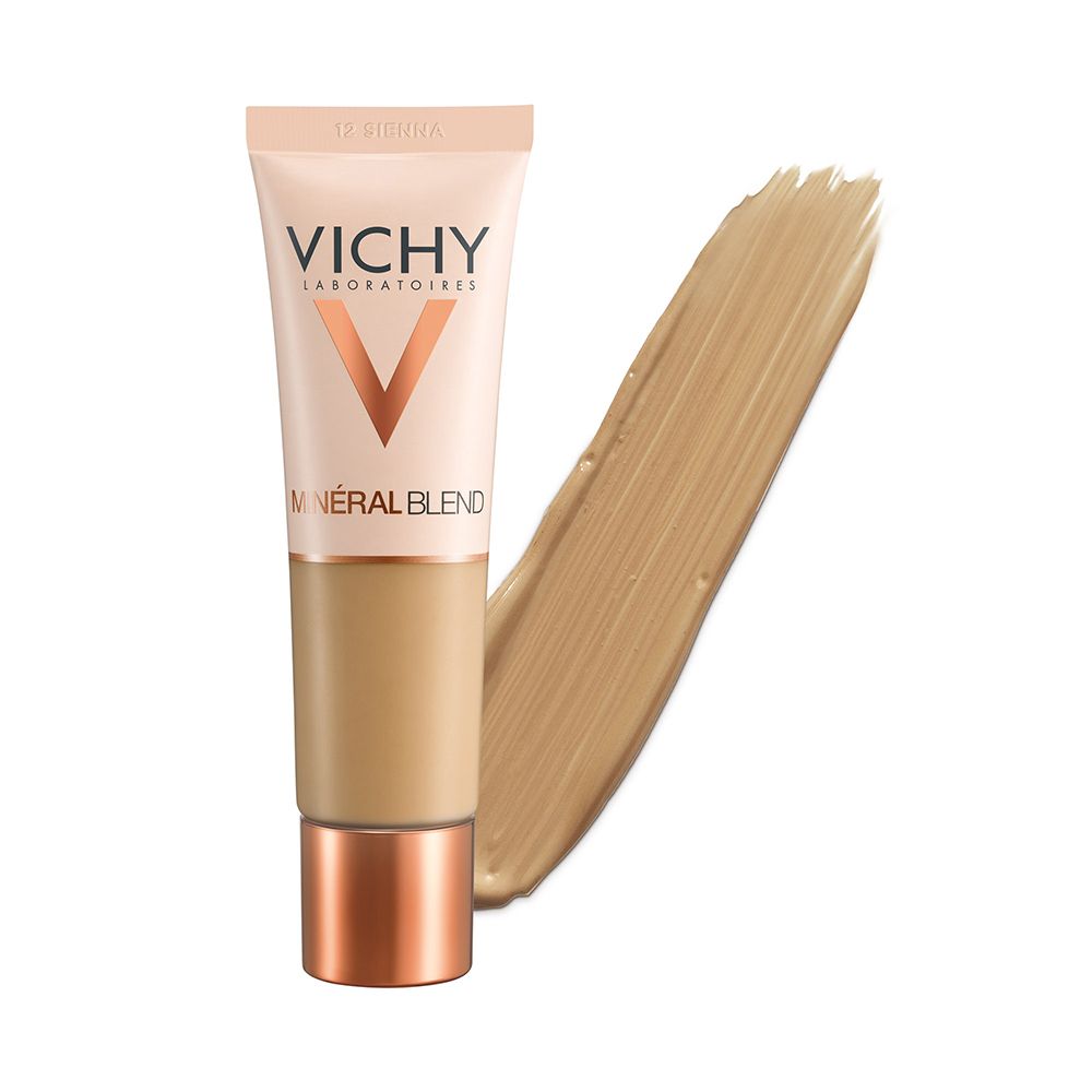 Vichy Mineralblend Fond de teint hydratant n°12 Sienna. Tube et trace de fond de teint. Inscription : Vichy, Mineralblend.