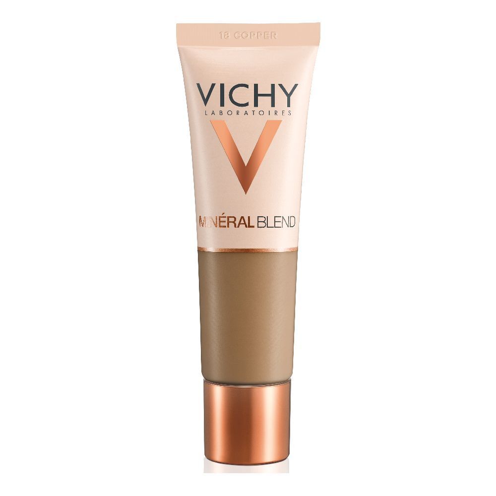 Tube beige, partie centrale marron, base cuivrée. Inscription: VICHY, Mineralblend. Teinte: 18 Kupfer.