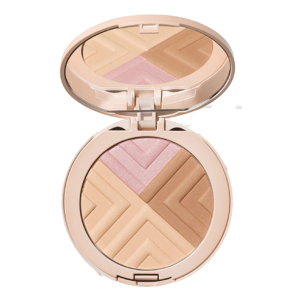 Runder Puderbehälter mit Spiegel. Vier Farbtöne in geometrischem Muster. Deckel geöffnet.