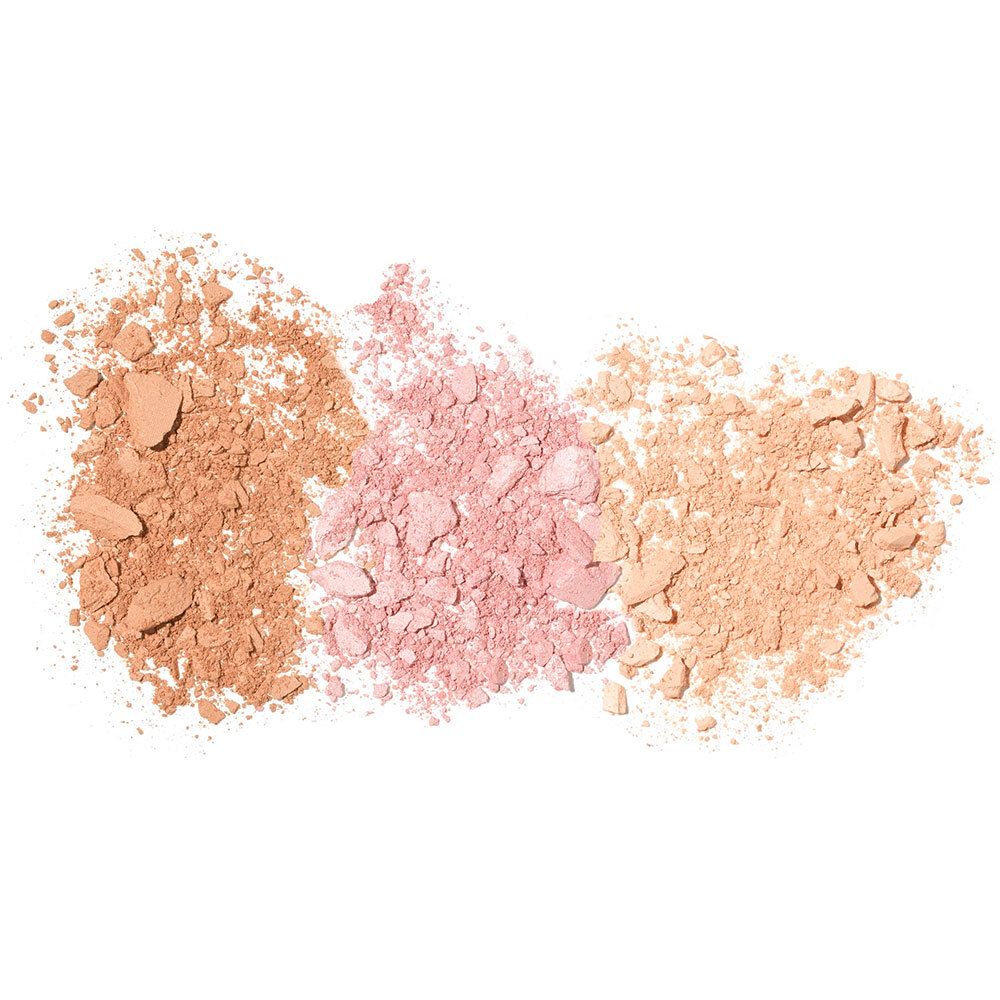 Drei lose Puderfarben in verschiedenen Tönen. Auf weißem Hintergrund.