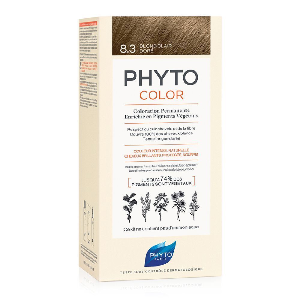 Boîte de PHYTOCOLOR Permanente Färbung 8.3 Blond clair doré. Informations produit et logo visibles.