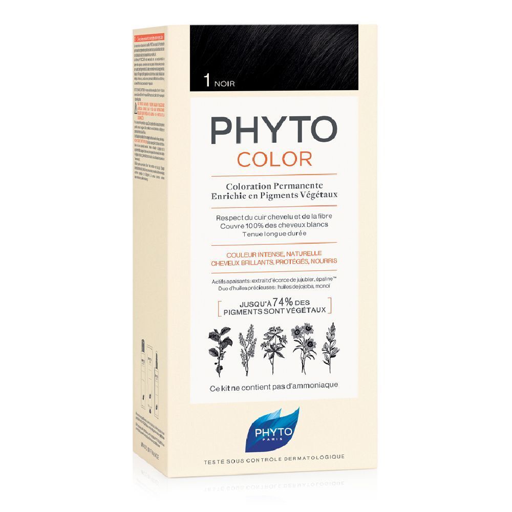 PHYTOCOLOR Permanente Färbung Schwarz 1. Verpackung mit Produktinformationen und Logo. Schwarze Haarfarbe.