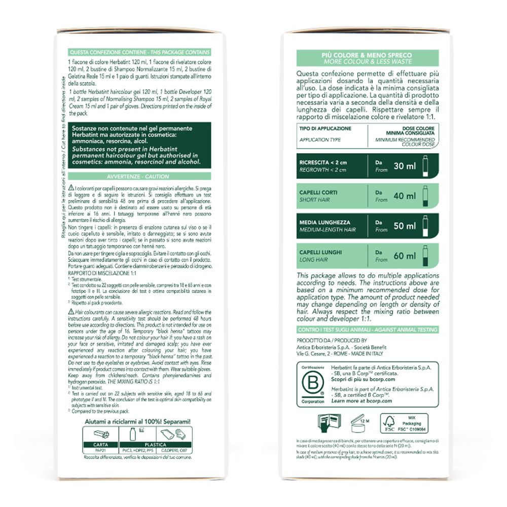 HERBATINT® 3 Dosi 8D Helles Goldblond. Box-Rückseite. Text und Diagramme. Anwendungshinweise.