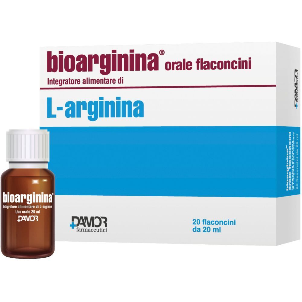 Bioarginina® Orale Flaconcini. Braune Flasche und Schachtel mit Produktinformationen. 20 Fläschchen.