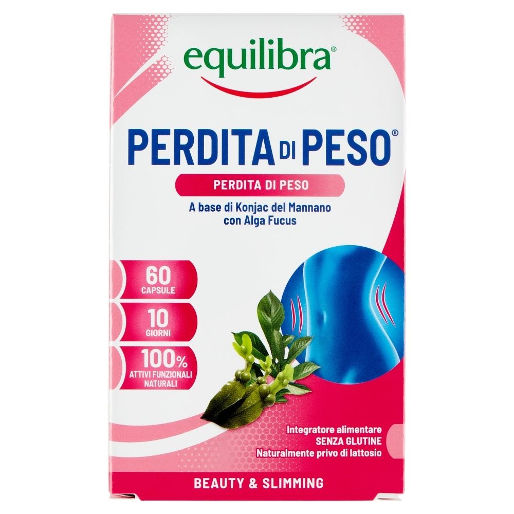 Verpackung von Equilibra® Perdita di Peso™ mit 60 Kapseln. Enthält Konjak-Mannan und Alga Fucus. Glutenfrei und laktosefrei.