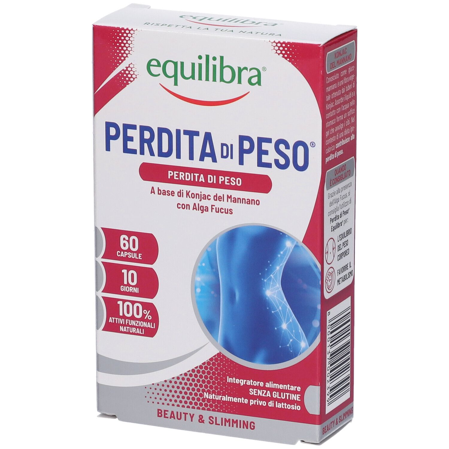 Verpackung von Equilibra® Perdita di Peso. Enthält 60 Kapseln. Text: Perdita di Peso, 100% natürliche Wirkstoffe, glutenfrei, laktosefrei.