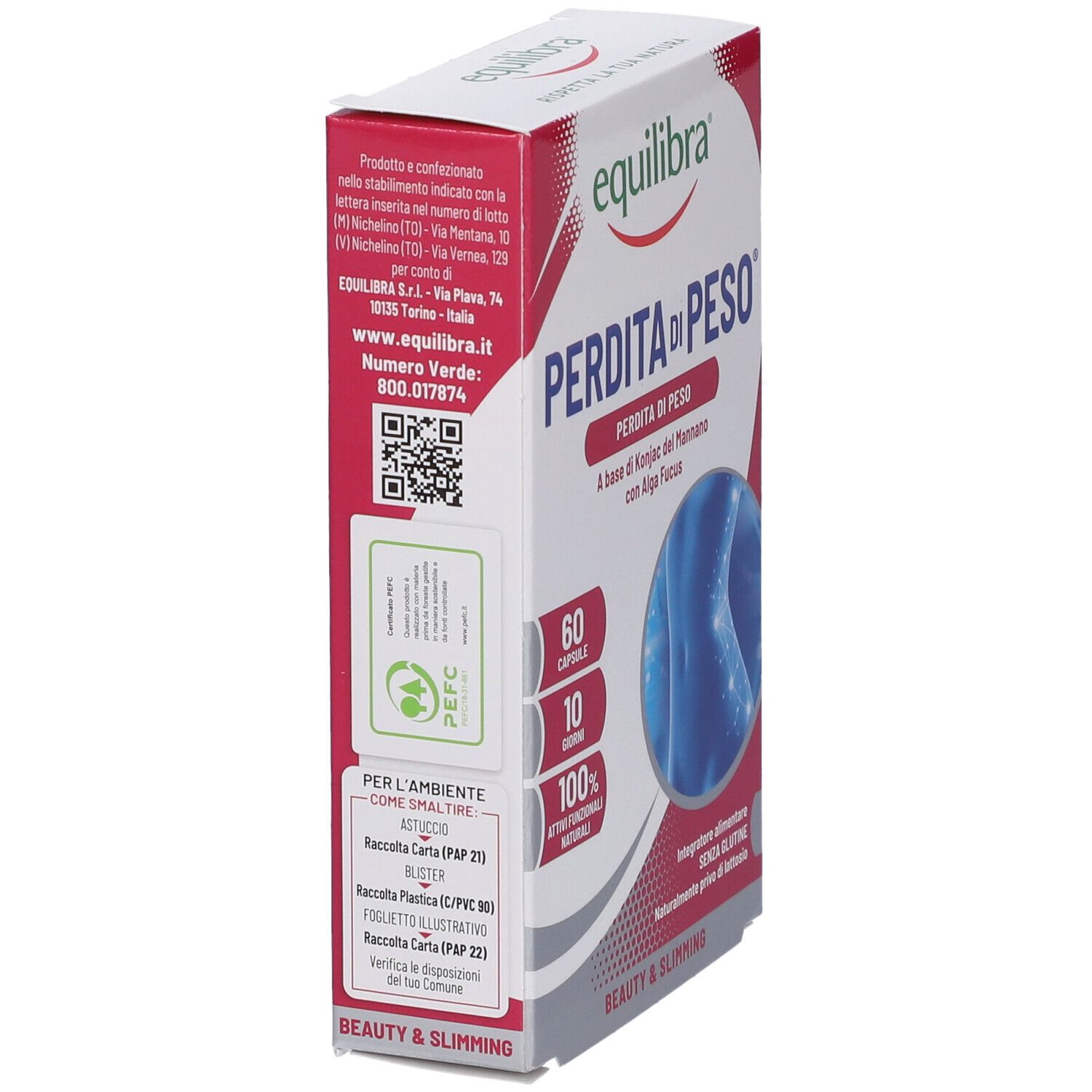 Verpackung Equilibra® Perdita di Peso. Seitenansicht. Enthält 60 Kapseln. Text: Perdita di Peso, 100% natürliche Wirkstoffe, ohne Gluten, ohne Laktose.