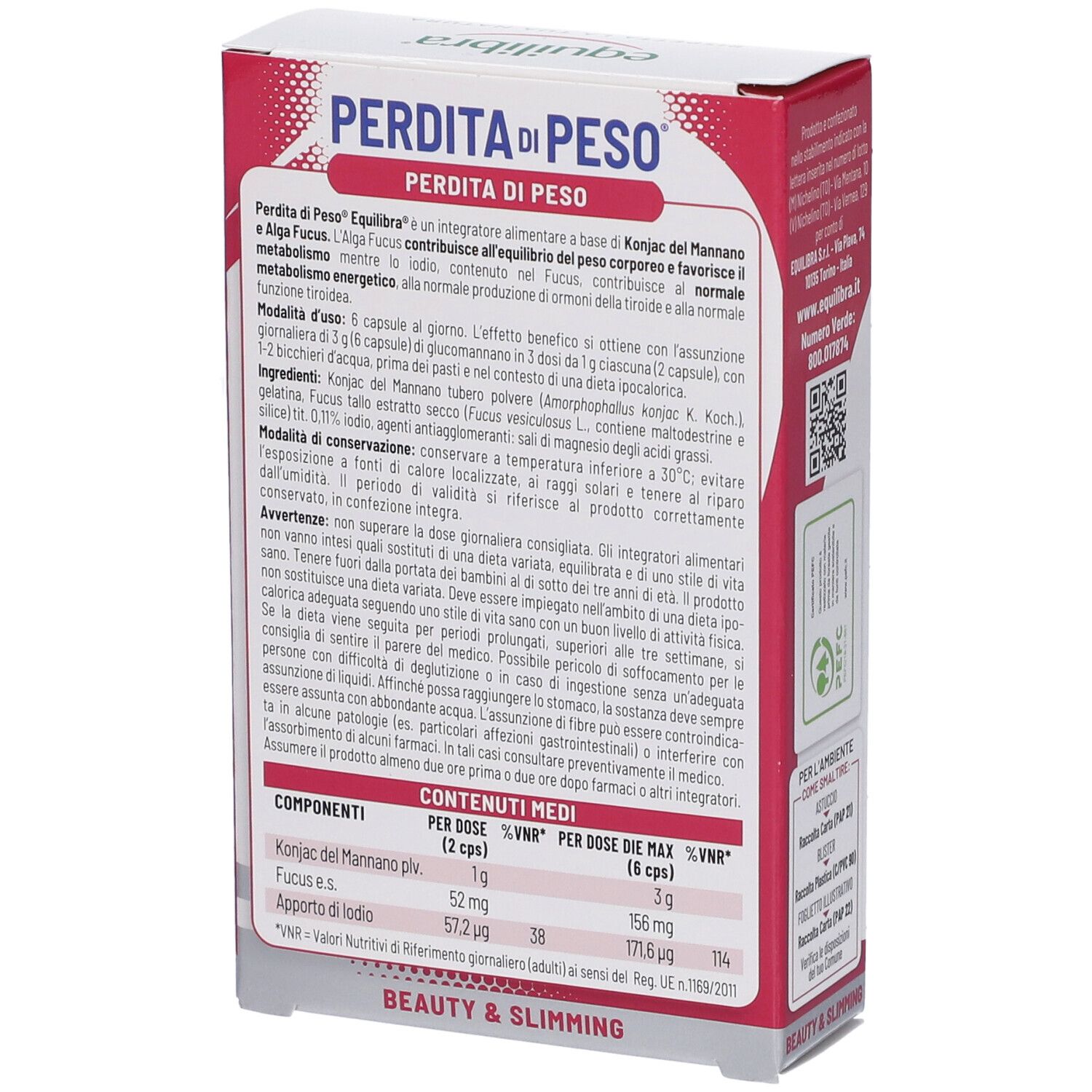 Rückseite der Verpackung Equilibra® Perdita di Peso. Enthält Informationen zu Inhaltsstoffen und Nährwerten. Text: Perdita di Peso, ohne Gluten, ohne Laktose.