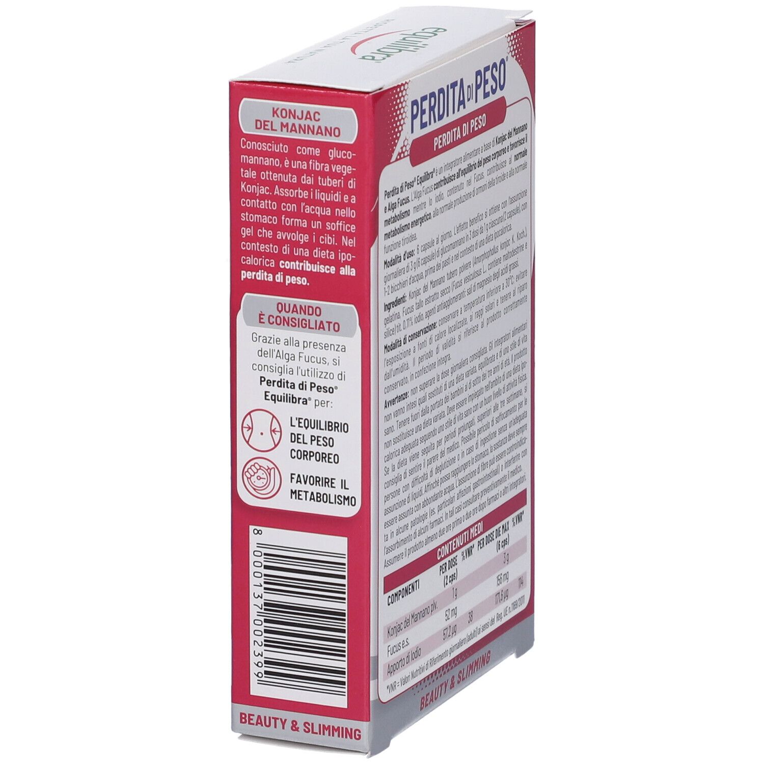 Seitenansicht der Verpackung Equilibra® Perdita di Peso. Text: Konjac del Mannano, für den Stoffwechsel. Text: Perdita di Peso, Beauty & Slimming.