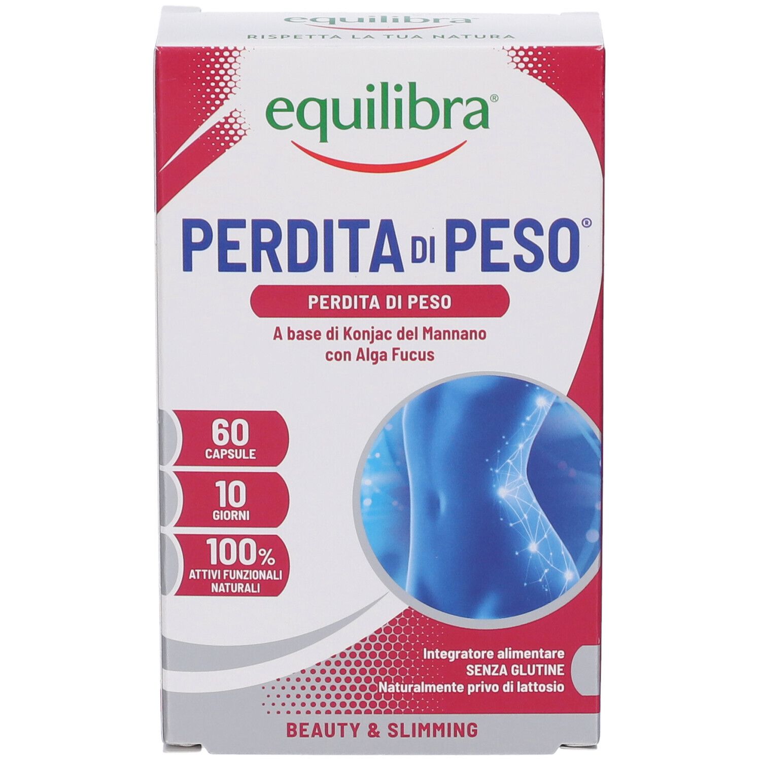 Verpackung von Equilibra® Perdita di Peso. Enthält 60 Kapseln. Text: Perdita di Peso, 100% natürliche Wirkstoffe, glutenfrei, laktosefrei.