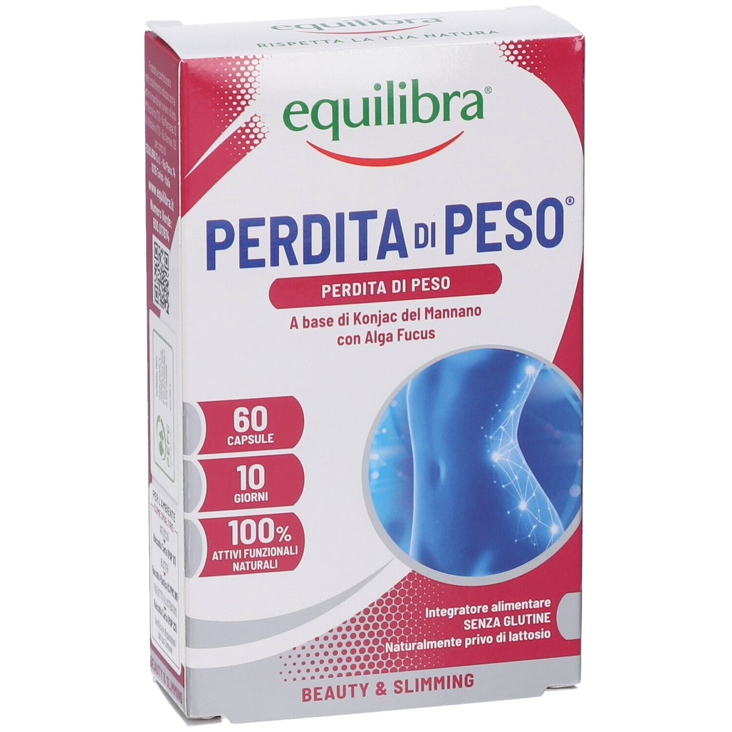 Verpackung von Equilibra® Perdita di Peso. Enthält 60 Kapseln. Text: Perdita di Peso, 100% natürliche Wirkstoffe, glutenfrei, laktosefrei.